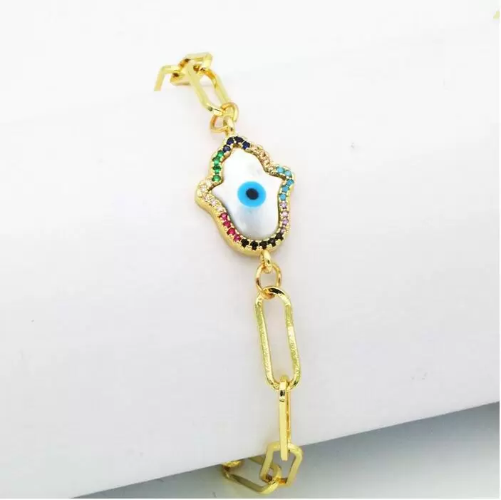 골드 도금 CZ Fatima Hand Evil Eye Charm 구리 체인 팔찌 힙합 보석 남자 여자 파티 선물