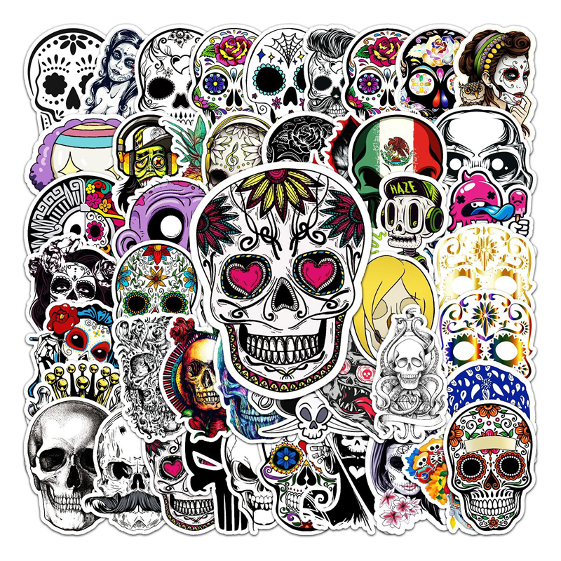 50 pegatinas de calavera de azúcar para Halloween, Día de Los Muertos, Día Mexicano de los Muertos