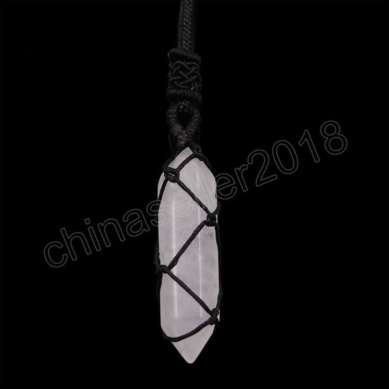 Envoltura de cuerda Collar de piedra natural Cuarzo rosa Aventurina Amatistas Hexagonal Cristal Péndulo Colgante Collares Mujeres Niñas Reiki