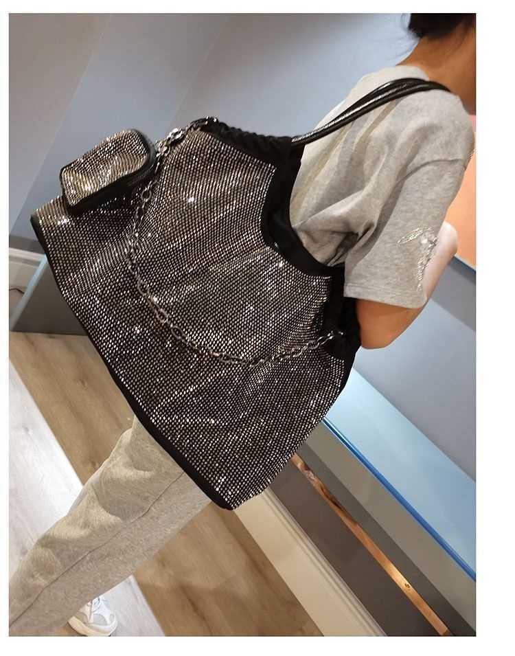 Bling Strass Balde Bolsa Feminina Com Diamantes Casual Grande Bolsa E Bolsa Cristal Elegante Sacos Tiracolo Com Corrente