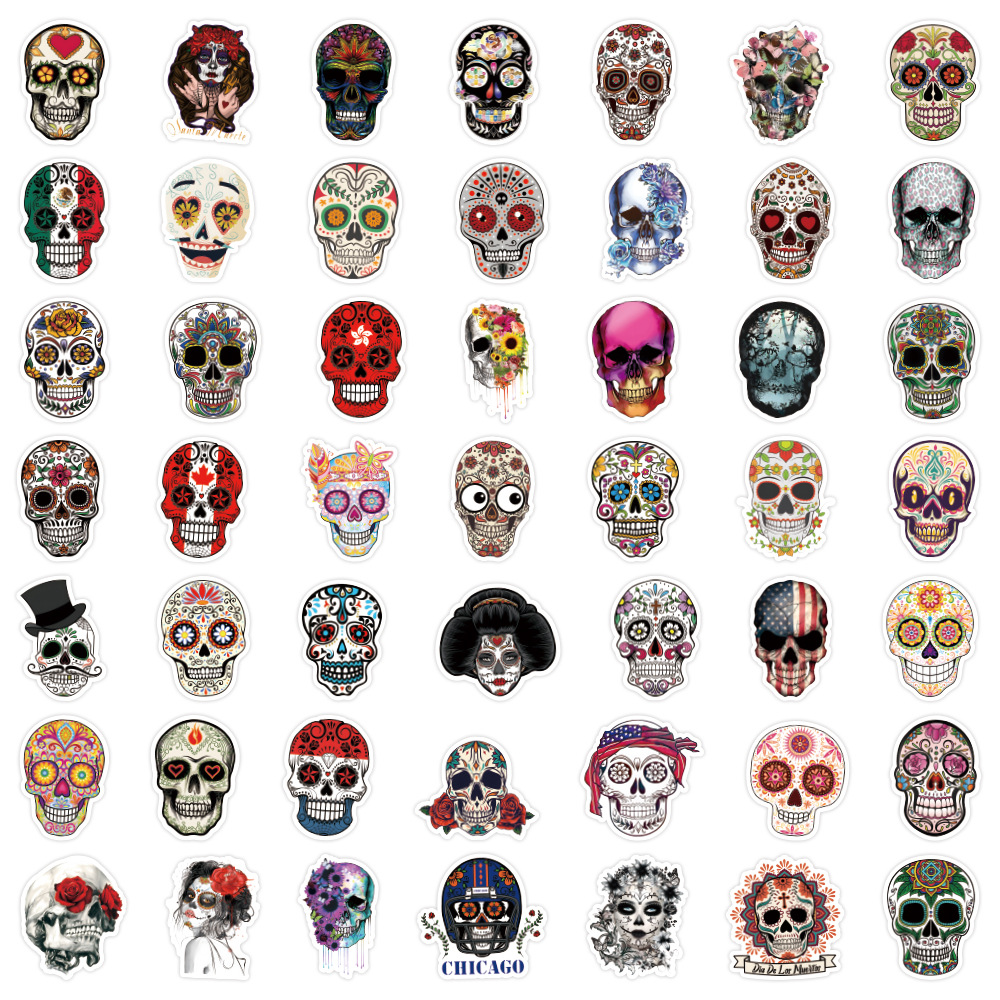 50 STK Skull Vinyl Stickers Vattentät för vattenflaska Socker Skulls Dekal Dia de Los Muertos Mexican Day of Dead Sticker för Laptop Travel Bagage Skateboard