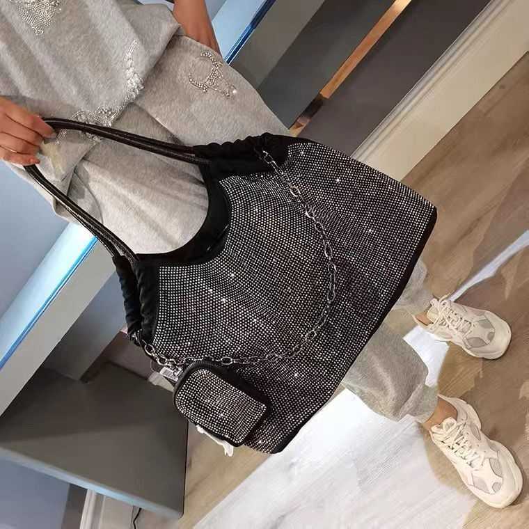 Bling Strass Balde Bolsa Feminina Com Diamantes Casual Grande Bolsa E Bolsa Cristal Elegante Sacos Tiracolo Com Corrente