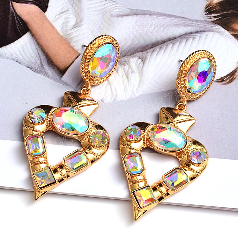 Boucles d'oreilles longues en métal et cristal coloré, accessoires de bijoux à la mode pour femmes, boucles d'oreilles en forme de cœur