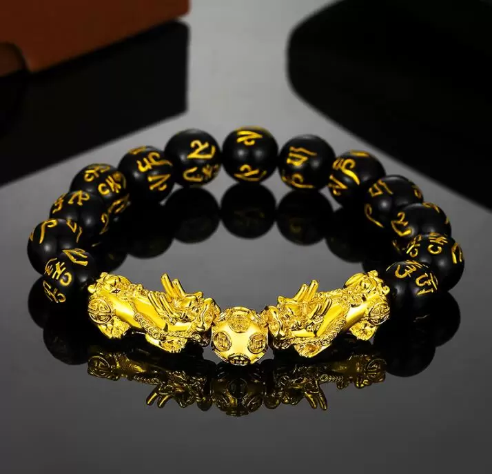 Boa sorte riqueza fios com fios de pulseiras de joias de joias de obsidianas pretas Pixiu Bracelete seis palavras Feng shui Prosperidade Pi XIU Bracelets para homens Mulheres