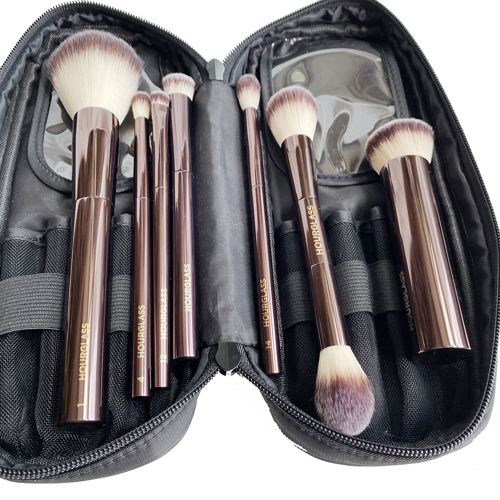 Ensemble de pinceaux de maquillage sablier, Kit de voyage avec pochette, poils synthétiques doux, manche en métal, outils de cosmétiques de luxe, 7 pièces