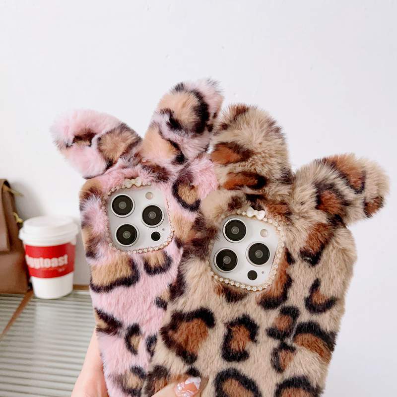 Leopard 3D Ear Custodie in pelo di coniglio genuino Samsung A53 A73 A33 5G A23 A13 A32 4G A03S S22 Ultra Plus Note 20 S21 Soft TPU Bling Diamond Fluffy Fur Bella Cute Cover telefono