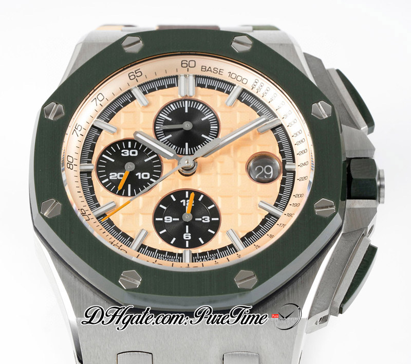 APSF 44 mm Combat A3126 Automatische chronograaf Mens Watch Steel Case 264 Groene keramische ringgele zwarte textuur wijzerplaat camo rubberen band super editie puretime b2