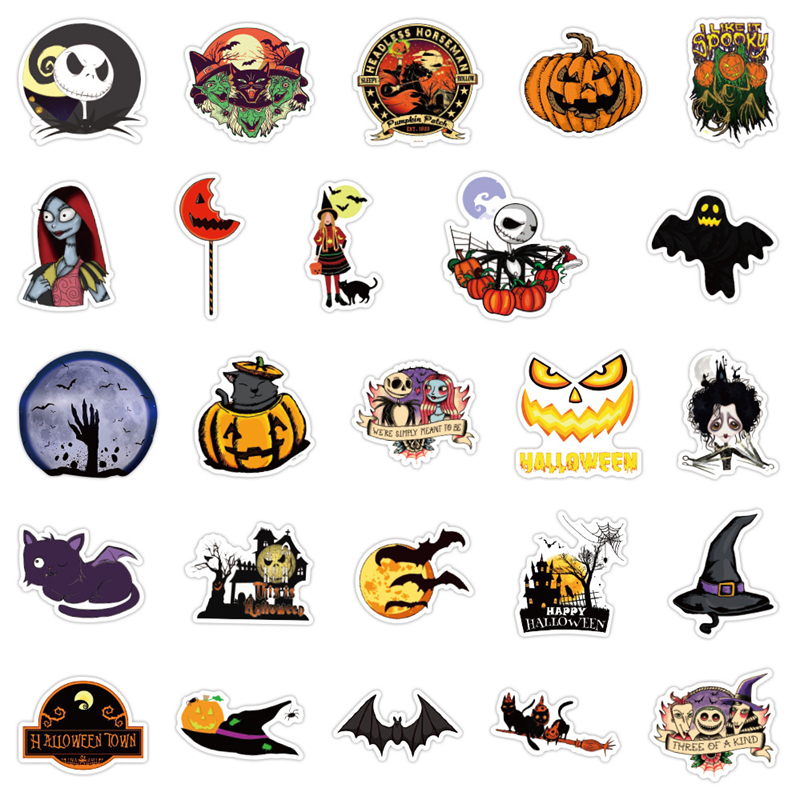 100 adesivi Happy Halloween, simpatici cartoni animati, zucca, mostri, teschi, adesivi valigia, chitarra, portatile, bottiglia d'acqua