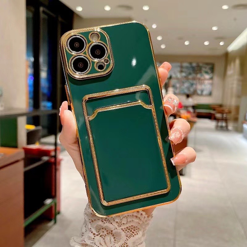 Posmarowanie karty Bling Pocket na iPhone 15 14 Plus Pro Max 13 12 11 XR XS X 8 7 Soft TPU luksusowe chromowane identyfikator kredytowy gniazdo cienkiego otworu obiektywu Ochraniacze Telefon