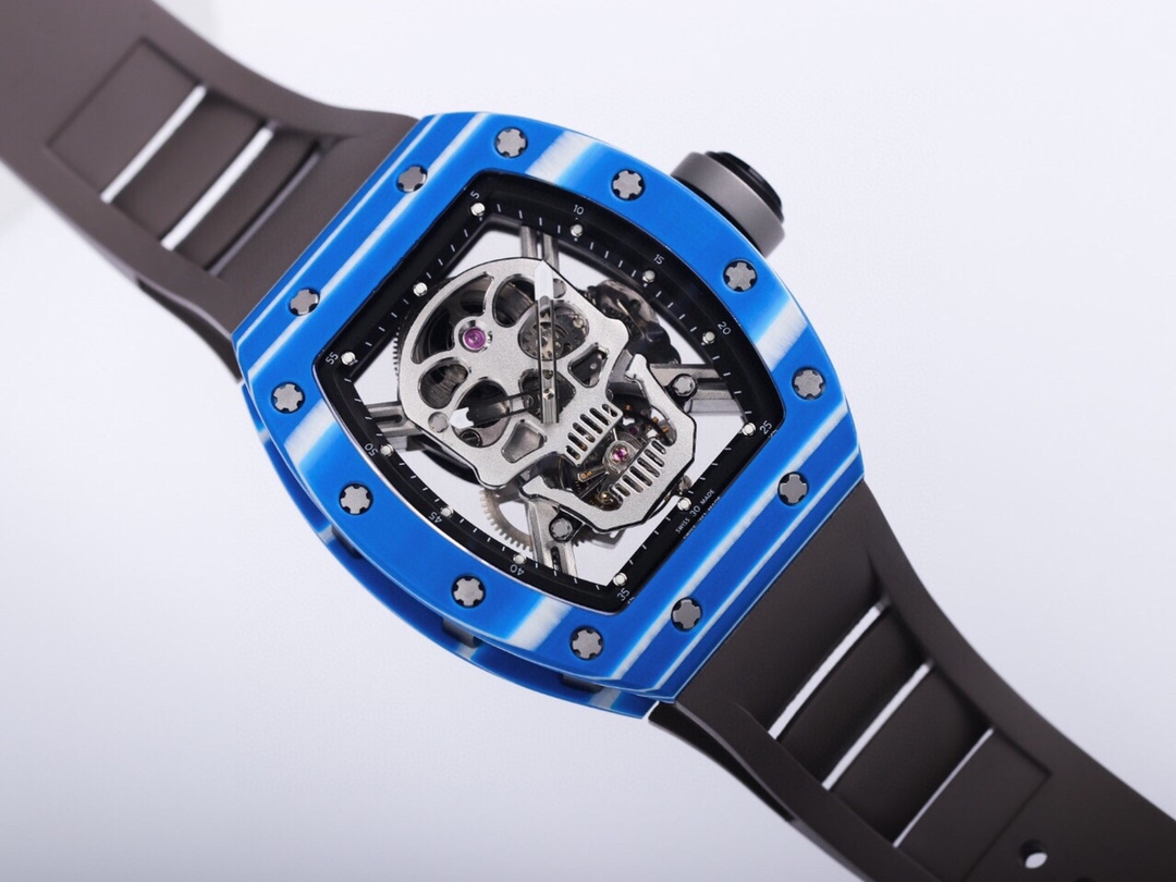 Type de barillet de montre mécanique pour hommes de mode 50/43 / 16mm cadran bleu mouvement avancé chaîne automatique jusqu'à bracelet en caoutchouc décontracté cadeau de montre de crâne super luxe