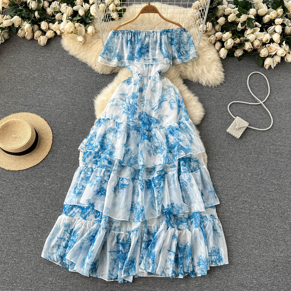 2022 Women Dresses New Casual Summer Floral Print Slim Short Lady Dress A Line Slash Neck Chiffon Pullover Mid-Calf