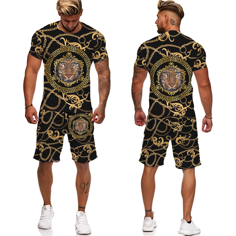 Herren-Trainingsanzüge, Sommer-Goldener Löwe, 3D-bedruckte T-Shirts/Shorts/Anzug, lässiges Grafik-T-Shirt für Herren, zweiteiliges Set, Hip-Hop-Mode, kurzärmeliger Trainingsanzug, 221006