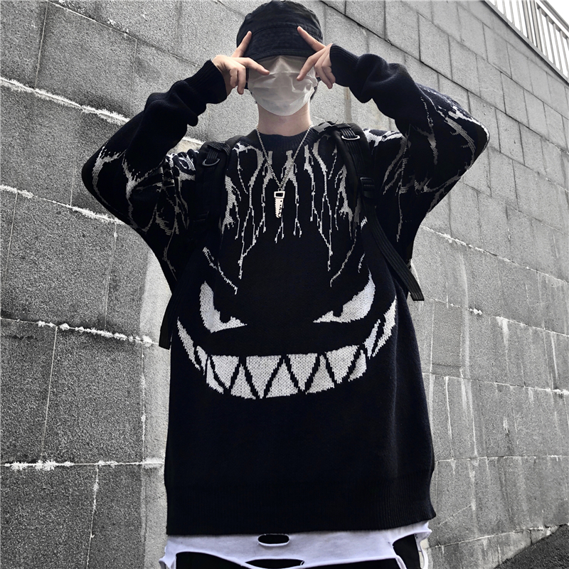 Kvinnors tröjor woherb harajuku svart tröja kvinnor blixt djävul stickad jumper överdimensionerad pullover hip hop streetwear höst tröjor 221006