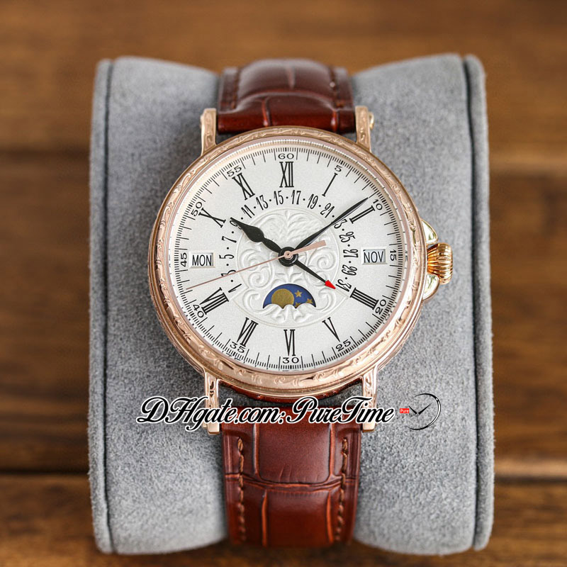 PPF Perpetual Calendar 5960R A324 Automatic Mens Watch Moon Phase 38mm Rose Gold Case Silver Flower Totem Dial Blue Roman Brown Leather Super Edition Puretime H8