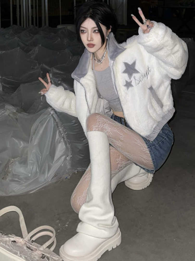 Jacken KOSAHIKI Harajuku Cropped Jacke Frauen Herbst Winter Vintage Reißverschluss Flauschigen Mantel Y2k Ästhetische Stern Stickerei Faux Pelz Y2210