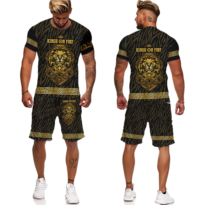 Herren-Trainingsanzüge, Sommer-Goldener Löwe, 3D-bedruckte T-Shirts/Shorts/Anzug, lässiges Grafik-T-Shirt für Herren, zweiteiliges Set, Hip-Hop-Mode, kurzärmeliger Trainingsanzug, 221006