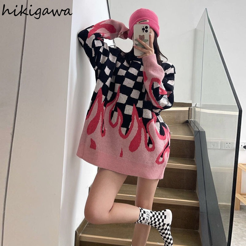 Damenpullover Hikigawa Herbstmode Pullover für Frauen Chic Flame Jacquard Gestrickte Übergroße Pullover Koreanische Streetwear BF Plaid Jumper 221006
