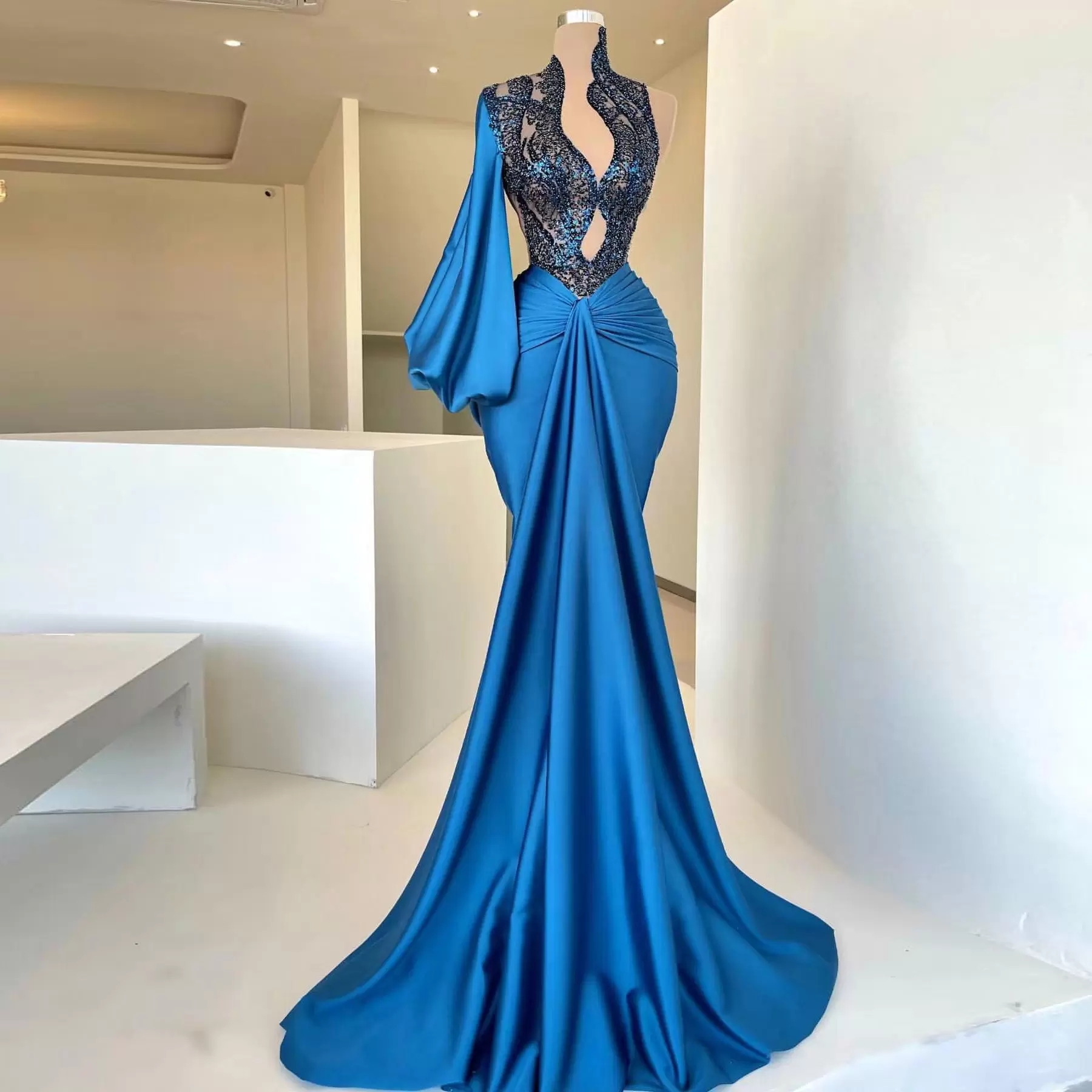 2023 Blue Mermaid Prom Dresses 섹시한 깊은 V- 넥 소매 이브닝 가운 신부 들러리 형식 드레스 사용자 정의 BC14506 GB1006