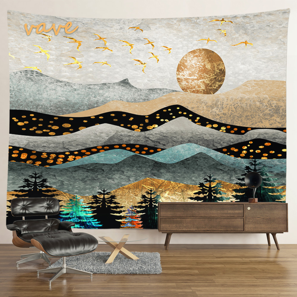 Tapisserier Psychadelic Mountain Tapestry Sun and Moon Landscap stor tygvägg hängande boho hippie tygrum dekor estetik 221006