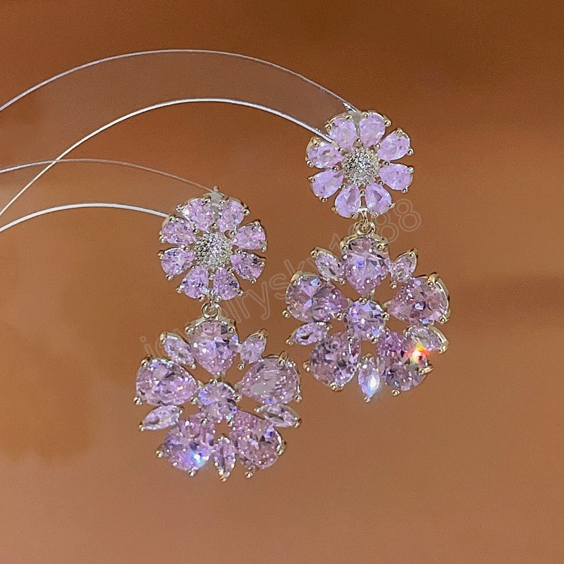 Orecchini pendenti con fiore di zirconi cubici Eleganti orecchini con piercing ad ago in argento 925 rosa blu scuro Accessori di moda ragazza