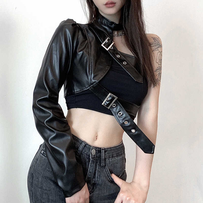 Jackets SUCHCUTE Hip Hop Fashion PU Leather Jacket Women Metal Buttons One shoulder Sexy Punk Streetwear Halter Crop Top Goth Techwear Y2210