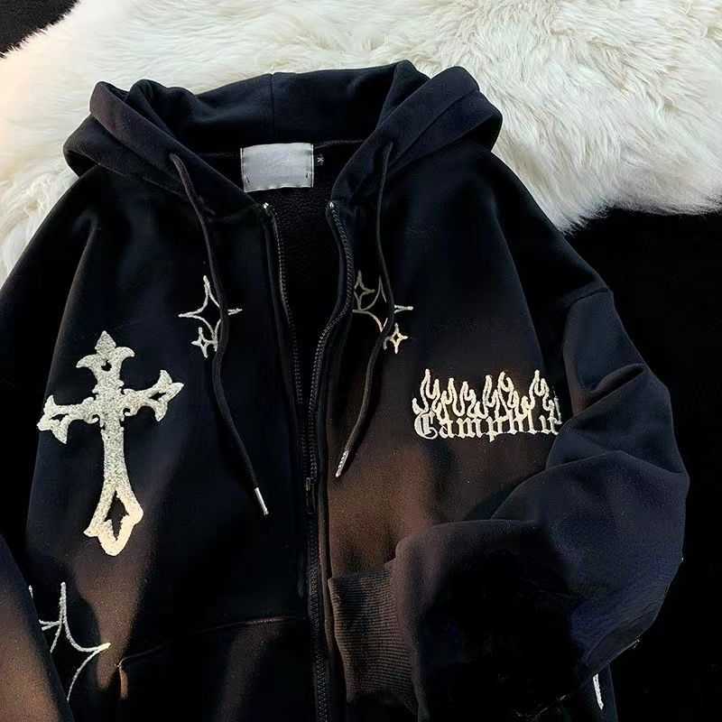 Kadın Nakış Hoodies 2022 Sonbahar Gotik Retro Hip Hop Uzun Kollu Zip Sweatshirt Sıradan Gevşek Kapşonlu Ceket Y2K Giysileri