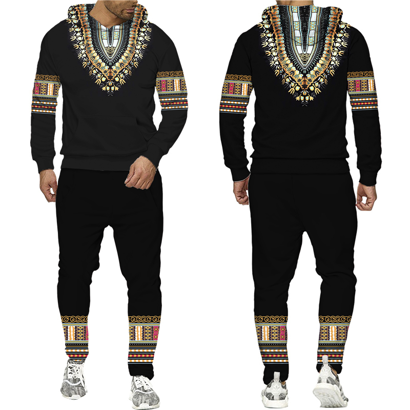 Tute da uomo African Dashiki Felpa con cappuccio / Tuta da uomo Casual 3D Stampato in stile etnico Felpa Pantaloni Set Uomo / Donna Folk-Custom Streetwear Tuta 221006