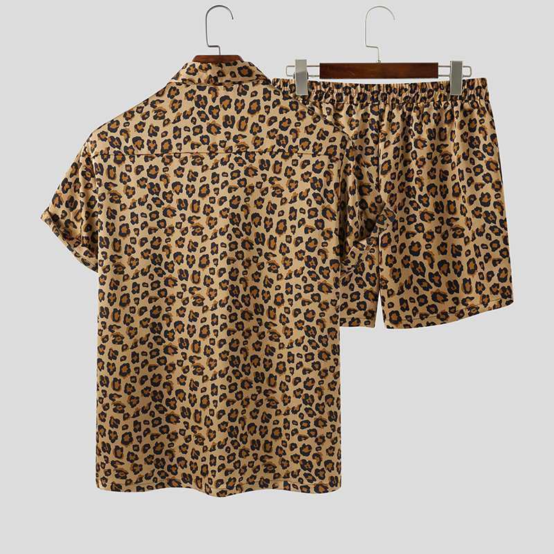 Menina de pista masculina Menina de moda define roupas de rua de estampa de leopardo de manga curta Camisa de lapela de praia Hawaiian Men Suits 2 peças Plus Size Incerun 221006