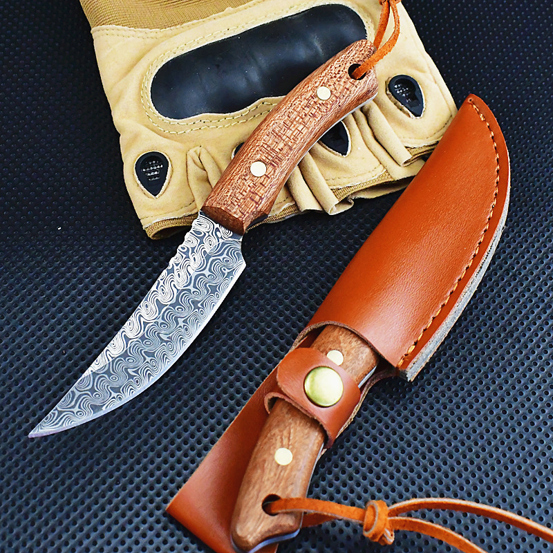 Specialerbjudande C9274 Survival Straight Knife 3Cr13Mov Laser Mönster Drop Point Blade Full Tang Wood Handtag Fast Blad Hunting Knives With Leather Mante