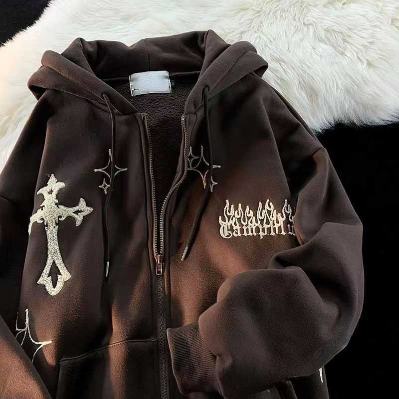 Kadın Nakış Hoodies 2022 Sonbahar Gotik Retro Hip Hop Uzun Kollu Zip Sweatshirt Sıradan Gevşek Kapşonlu Ceket Y2K Giysileri