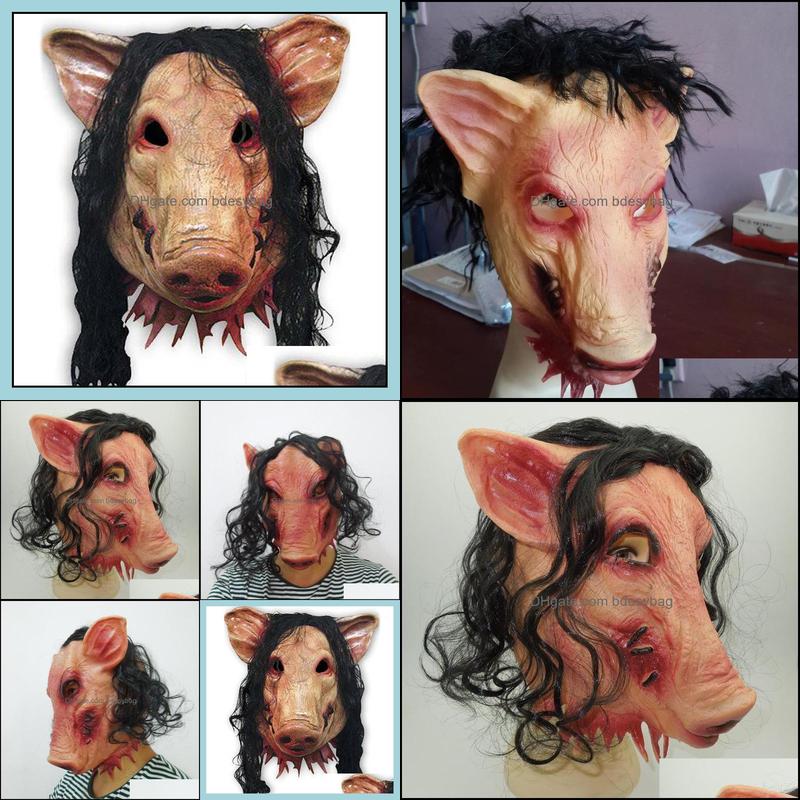 Party Masks Wholesale-Scary Roanoke Pig Mask Adults Full Face Animal Latex Halloween Horror Masquerade With Black Hair H-0061