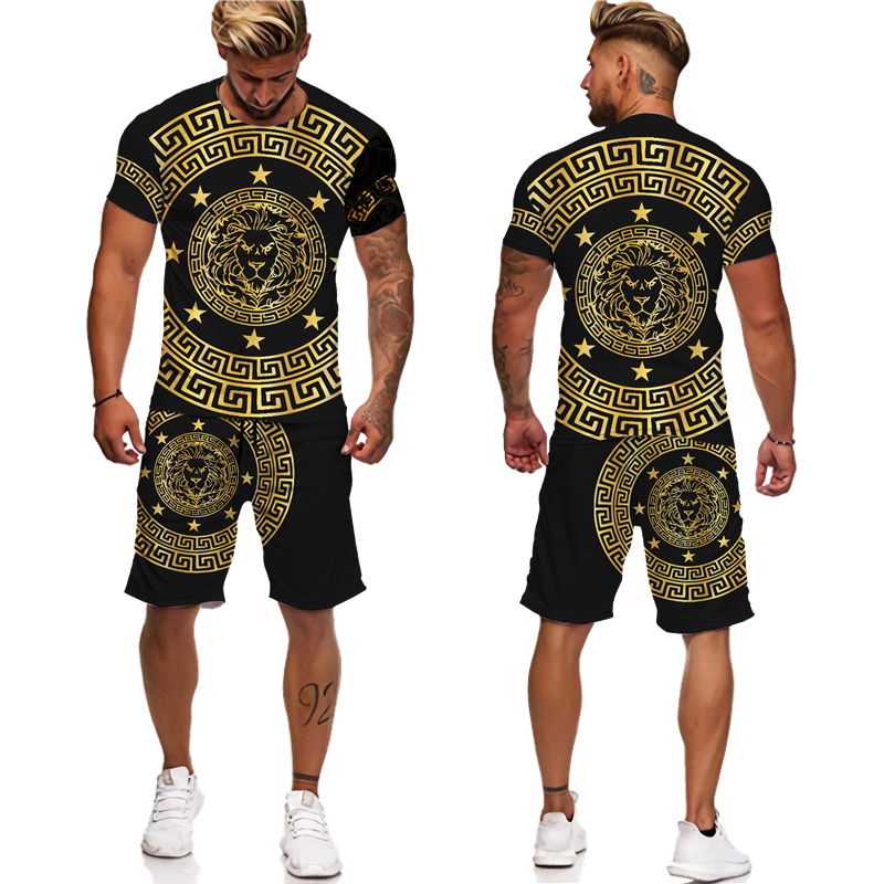 Herren-Trainingsanzüge, Sommer-Goldener Löwe, 3D-bedruckte T-Shirts/Shorts/Anzug, lässiges Grafik-T-Shirt für Herren, zweiteiliges Set, Hip-Hop-Mode, kurzärmeliger Trainingsanzug, 221006