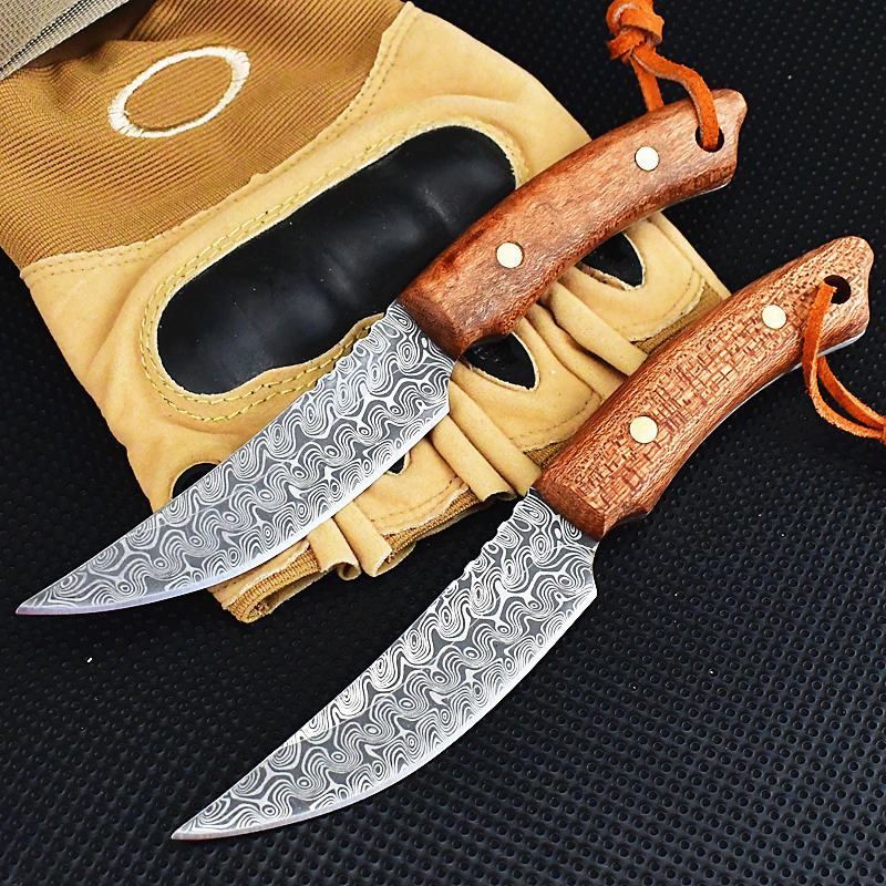 Specialerbjudande C9274 Survival Straight Knife 3Cr13Mov Laser Mönster Drop Point Blade Full Tang Wood Handtag Fast Blad Hunting Knives With Leather Mante