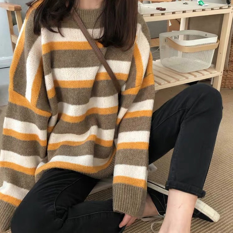 Swetery damskie sweter damski Koreański pasek Stripe Casual Kpop Top Harajuku Vintage Drop Ubranie Knitted Rleteve Oversize Ubrania Kawaii 221006