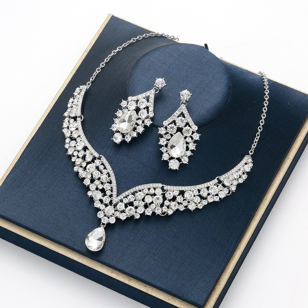 Kristall Wassertropfen Brautschmuck Sets Strass Halskette Ohrringe für Braut versilbert Hochzeitsaccessoires Abschlussball Party Dubai Damenmode Geschenk