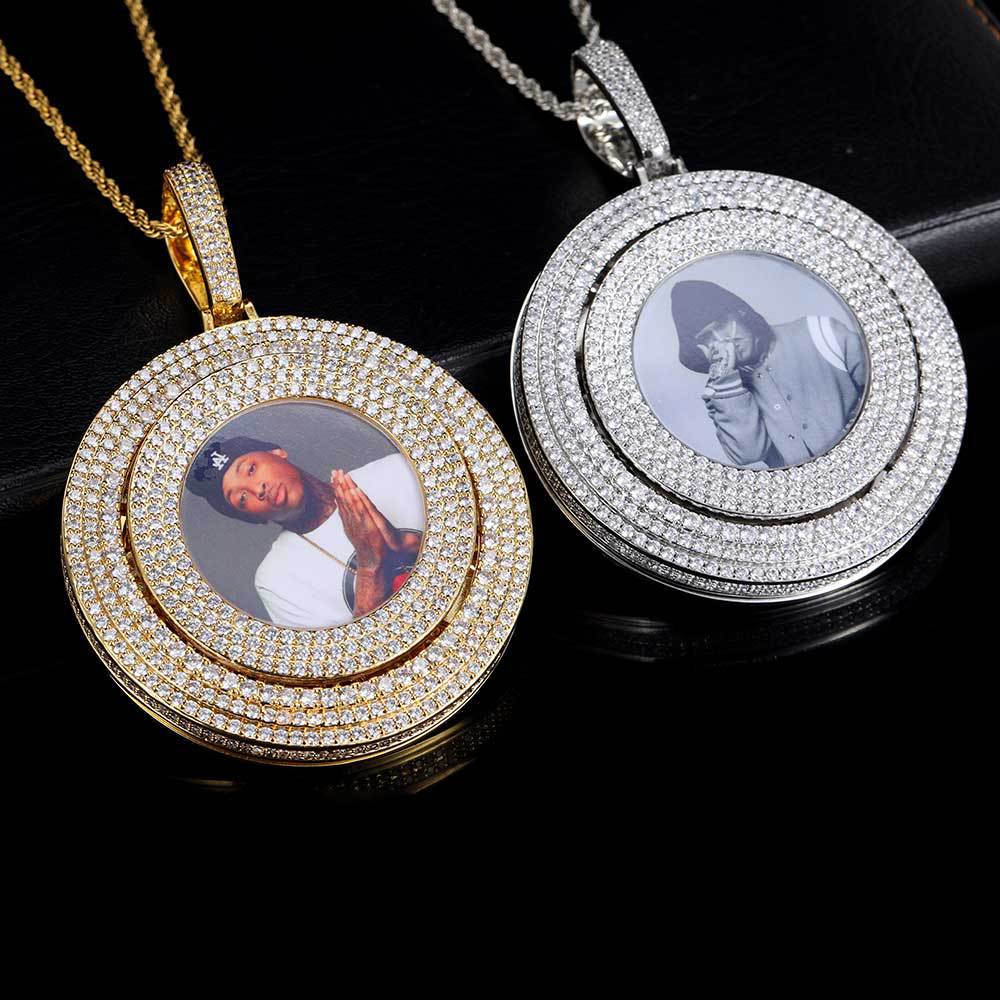Anpassa Memorial Photo Pendant Necklace Rotatable med Bling Diamond Stone Zircon Men Women Lover Christmas Gift