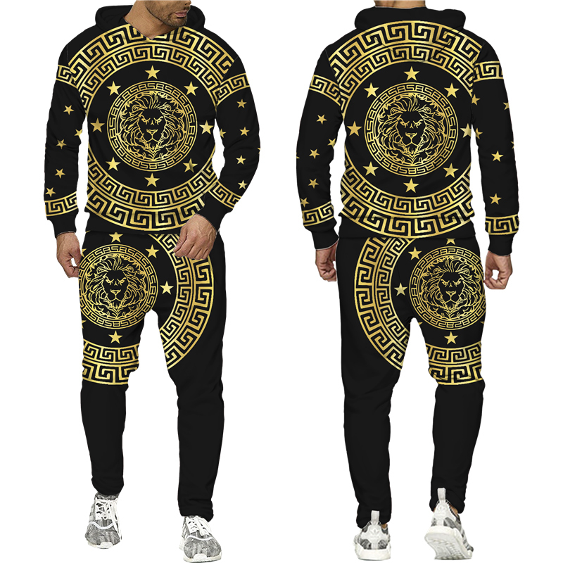 Herrspåriga lejon 3D -tryckta hoodie/byxor/kostym Mäns casual grafiska grafiska streetwear pullover tröjor kläder set hip hop cool tracksuits 221006