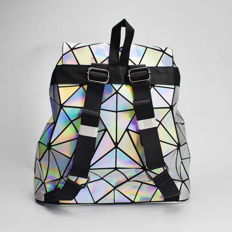 Fashion Women Trawstring sac à dos Géométrique Femelle Sac à dos pour les adolescentes Bagpack Holographic Dames Bao School Bag SAC280Q
