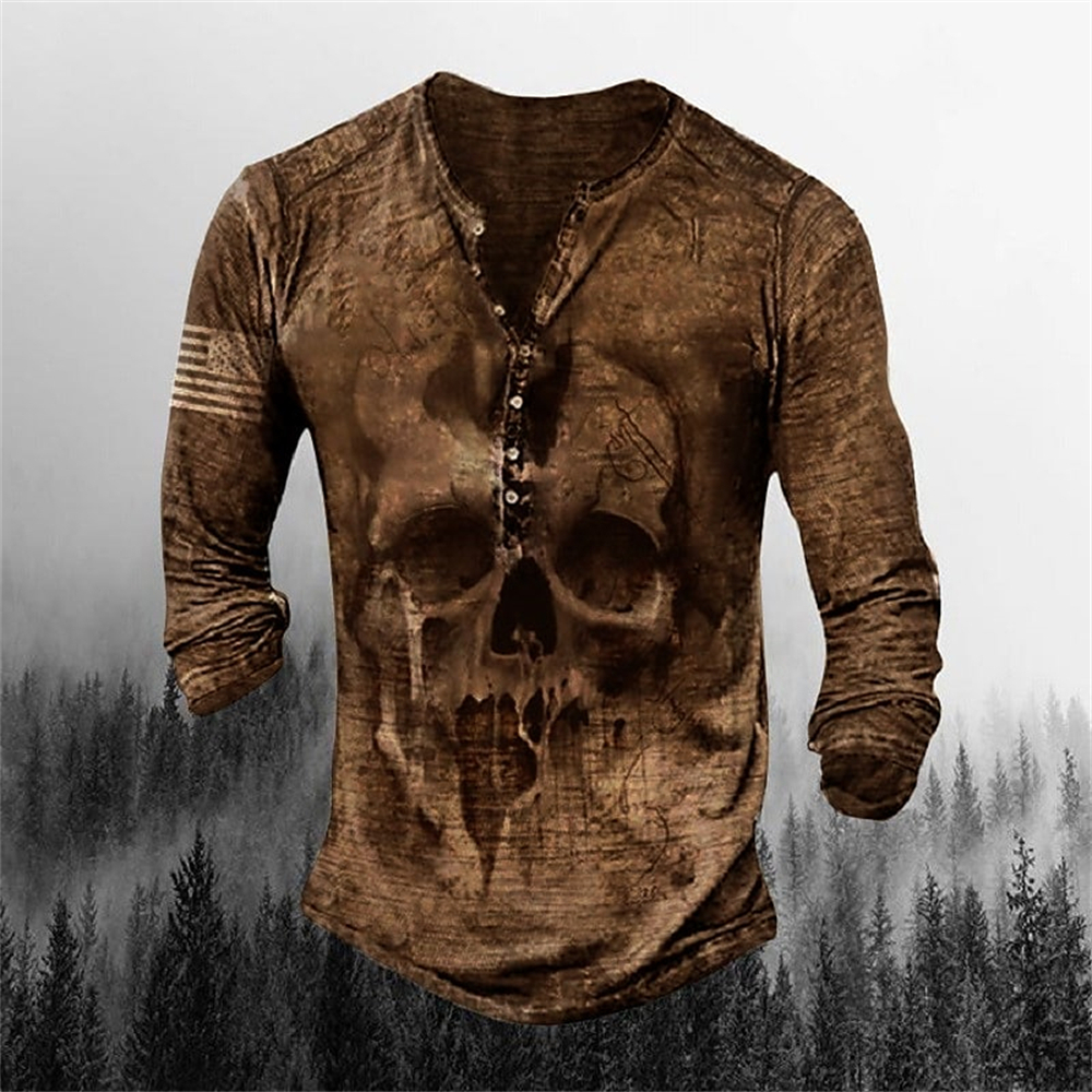 Mens TShirts Henley Shirt T shirt Tee Graphic Patterned Skull Plus Size Street Casual ButtonDown Print Long Sleeve Tops 221007