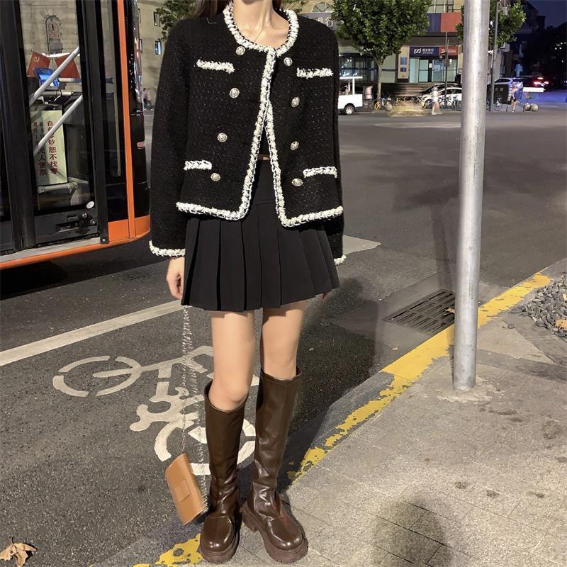 Womens Jackets Spring Vintage Black Double Breasted Tweed Cropped Jacket Women Korean Long Sleeve Fringe Coat Elegant Fashion Loose Outerwear 221007