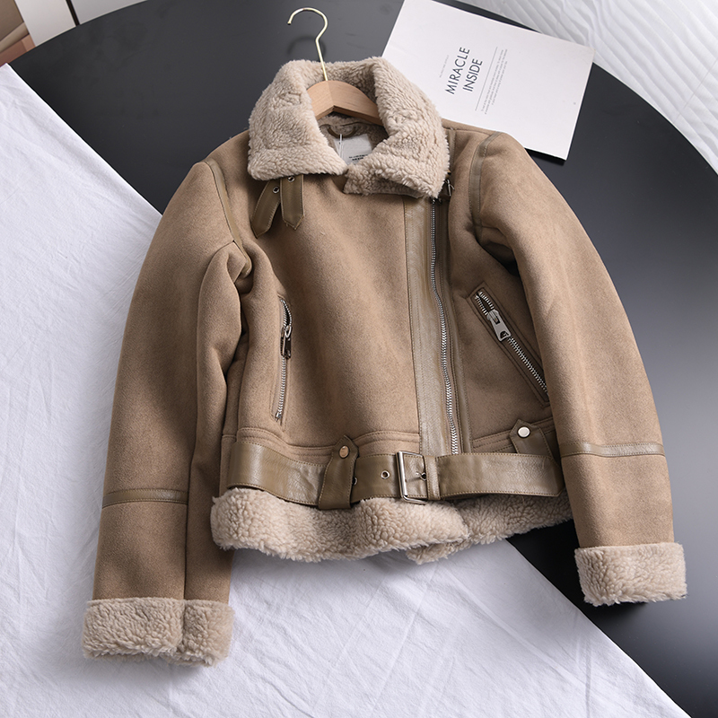 Women's Jackets Ailegogo Winter Women Thick Warm Suede Lamb Jacket Short Motorcycle Brown Coats Faux Shearling Sheepskin Leather Outwear 221007