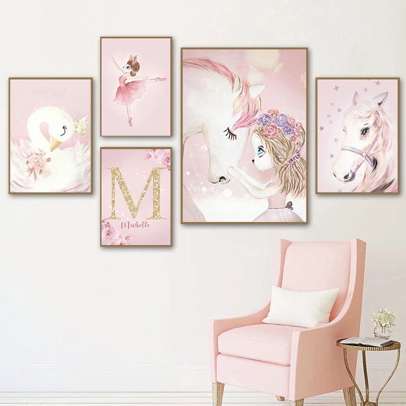 Toile peintures rose Kawaii chambre décor cygne pépinière mur Art Canva peinture mur affiches et impressions chambre