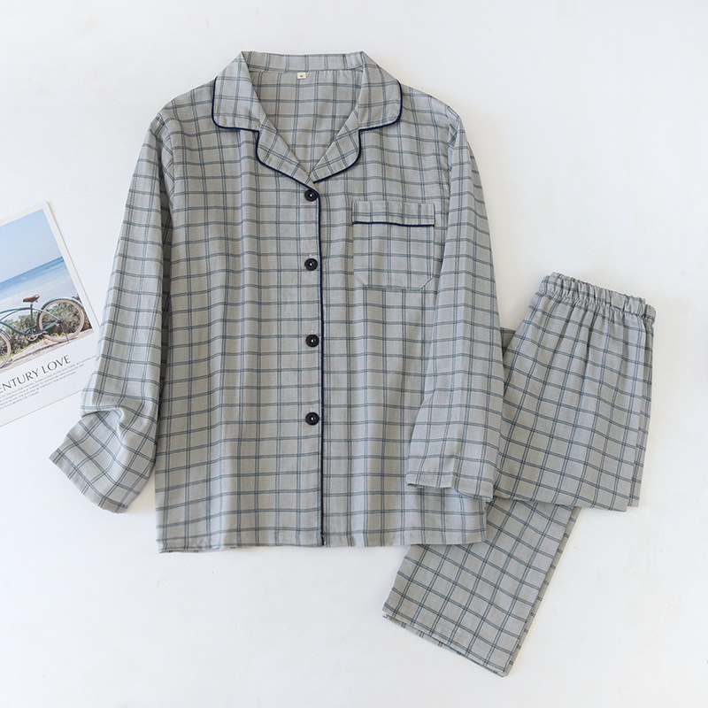 メンズスリープウェア日本の春と秋のメンズコットンラペル長袖ズボンシンプルな格子縞のホームパジャマセットプラスサイズパジャマ221007