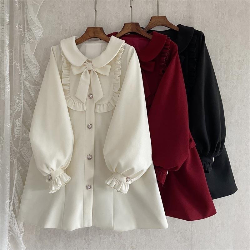 여성 양모 블렌드 싱글 브레스트 퍼프 슬리브 달콤한 우아한 모직 코트 여성 재킷 Bownot lolita doll collar outerwear 한국 패션 의류 221007