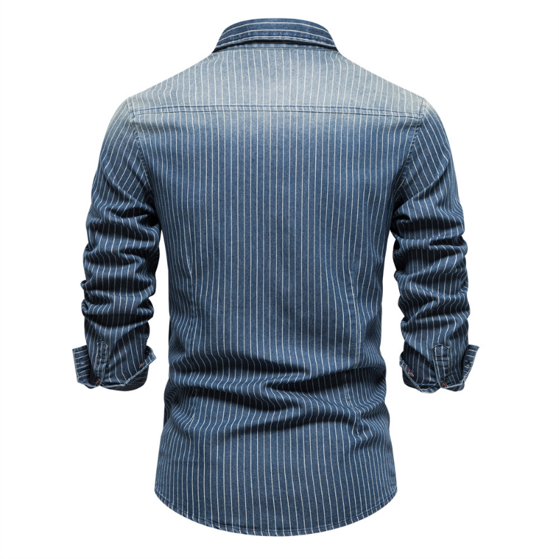 EBAIHUI Men's Long-sleeved Denim Shirts Male Cotton Shirt with Striped Lapel Solid Color Trim Commute Mens Clothing