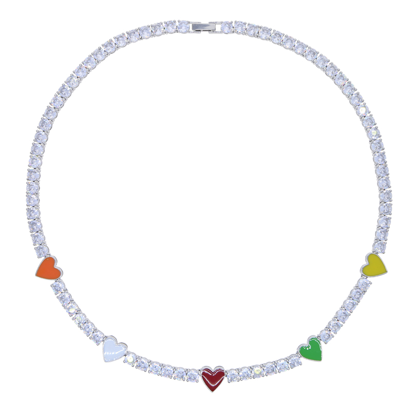 Collier de chaîne de tennis pavé de zircon cubique de 5 mm avec pendentif à breloque en forme de coeur en émail arc-en-ciel coloré Hip Hop femmes hommes bijoux cadeaux