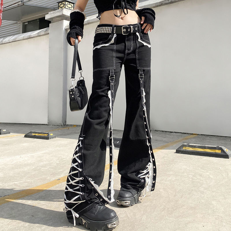 Kvinnors jeans Mingliusili Lace Splice Baggy Women Spring Gothic Flares Pants High Street Fashion Streetwear Black Denim Trousers 221007