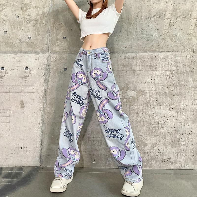 Women's Jeans Women High Waist Loose Straight Pants Cartoon Printed Zipper Casual Female Long Trousers Large Size Mom 221007