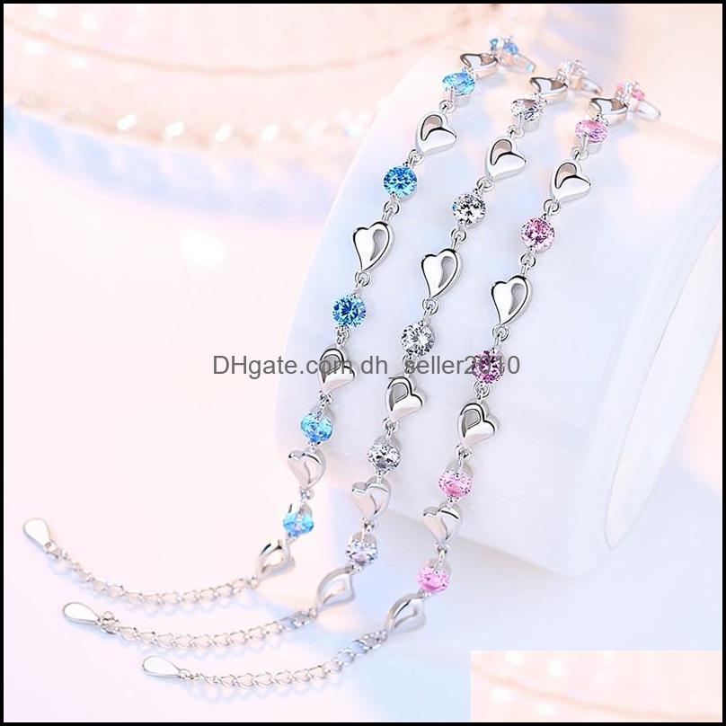 925 sterling silver Jewelry Bracelet Retro Simple Colored Heart Shaped Cubic Zirconia Length 17CM+4CM