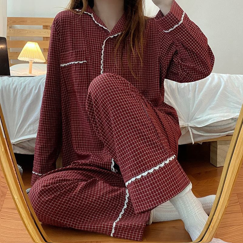 Damen-Nachtwäsche Yasuk Frühling Sommer Mode Lässig Schöner karierter Nachthemd Retro-Pyjama-Set mit Hosen Hosenjahr weich 221007
